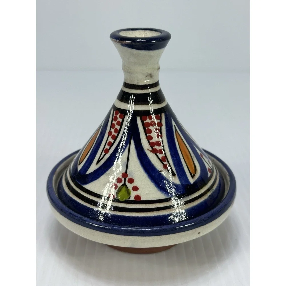 Vintage Small Moroccan Terracotta Tagine Pot Hand‎ Painted Glazed Morocco Signed